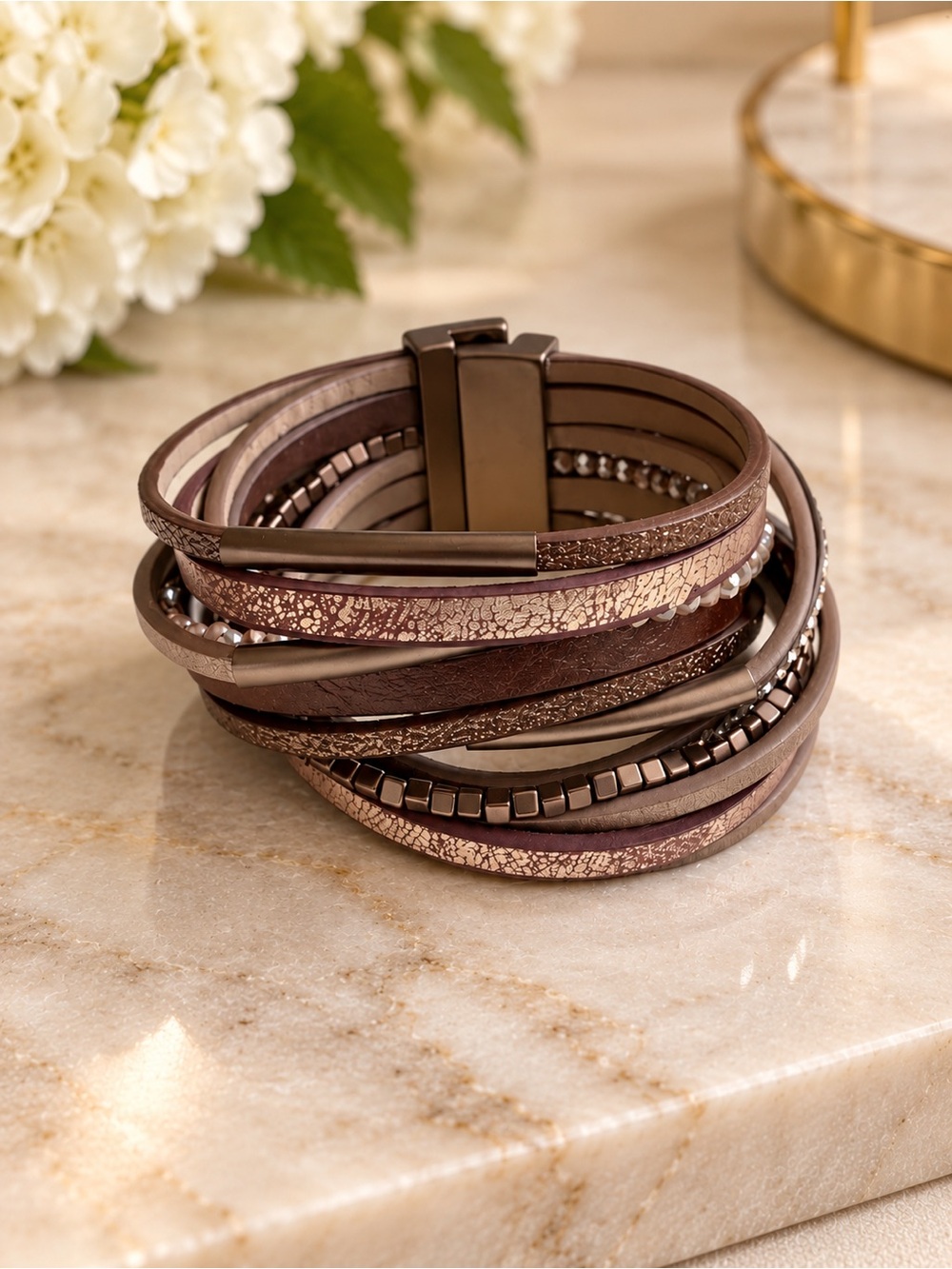 Rose Gold Bronze Multi Strand Leather Wrap Bracelet Magnetic Clasp